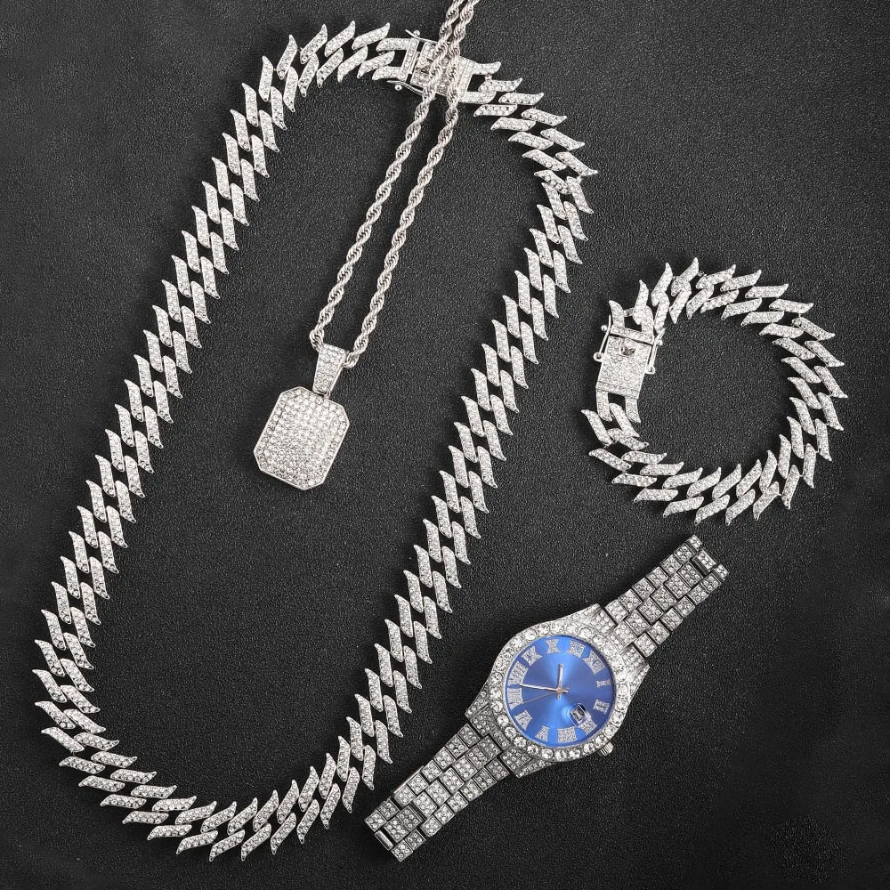 Iced Out Chain Necklace Watch Bracelet for Women Men