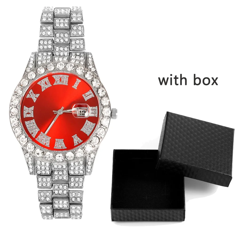 Iced Out Chain Necklace Watch Bracelet for Women Men