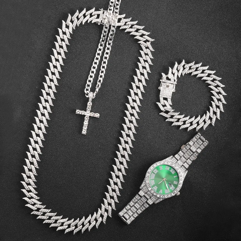 Iced Out Chain Necklace Watch Bracelet for Women Men