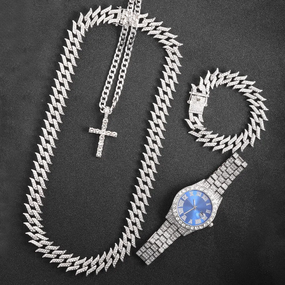 Iced Out Chain Necklace Watch Bracelet for Women Men