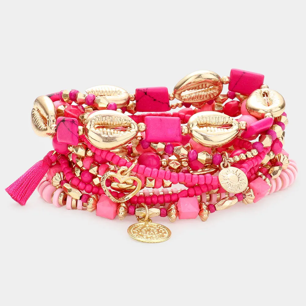 iLLASPARKZ 10PCS - Multi Bead Metal Puka Shell Heart Coin Disc Tassel Charm Layered Bracelets