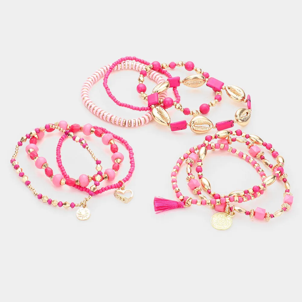 iLLASPARKZ 10PCS - Multi Bead Metal Puka Shell Heart Coin Disc Tassel Charm Layered Bracelets