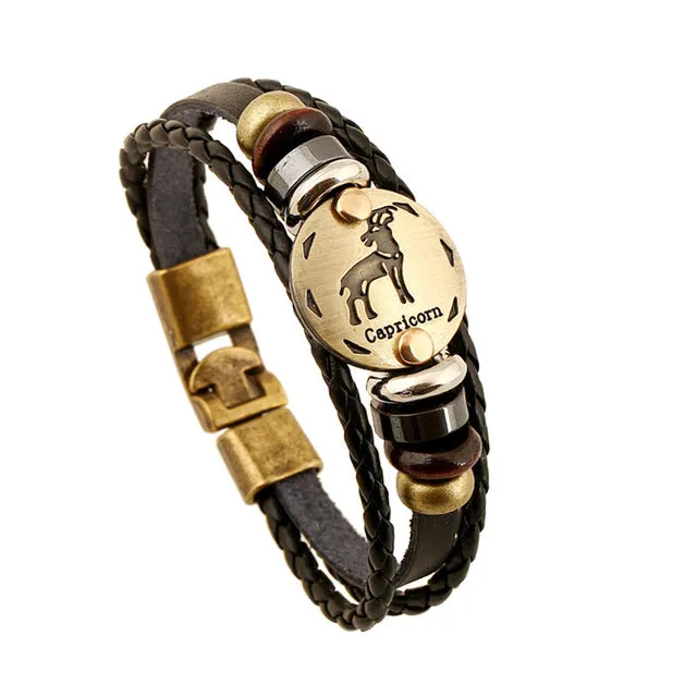 Jiayiqi Fashion Charm Jewelry Bronze Alloy 12 Zodiac Leather Bracelet Punk Wooden Beads For Women & Men Multilayer Easy Buckles