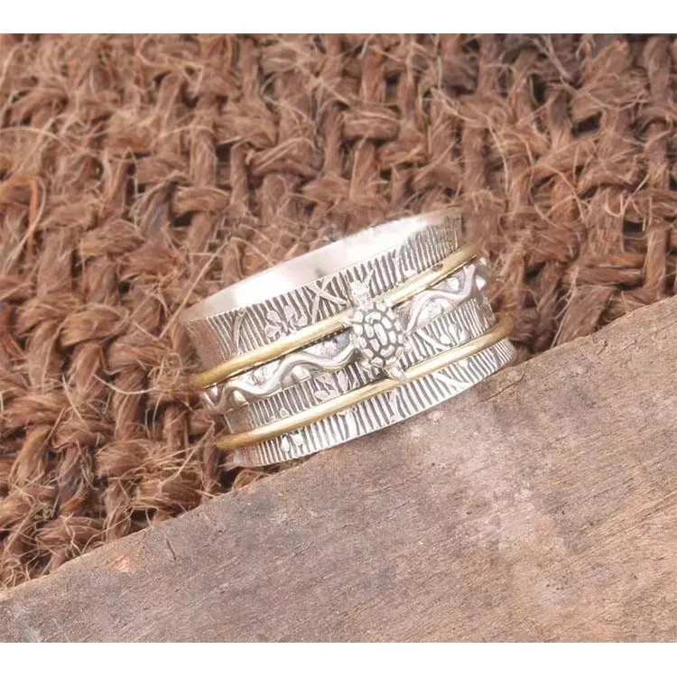 Loookus - Retro Plated Two Color Rotating Turtle Stripe Ring