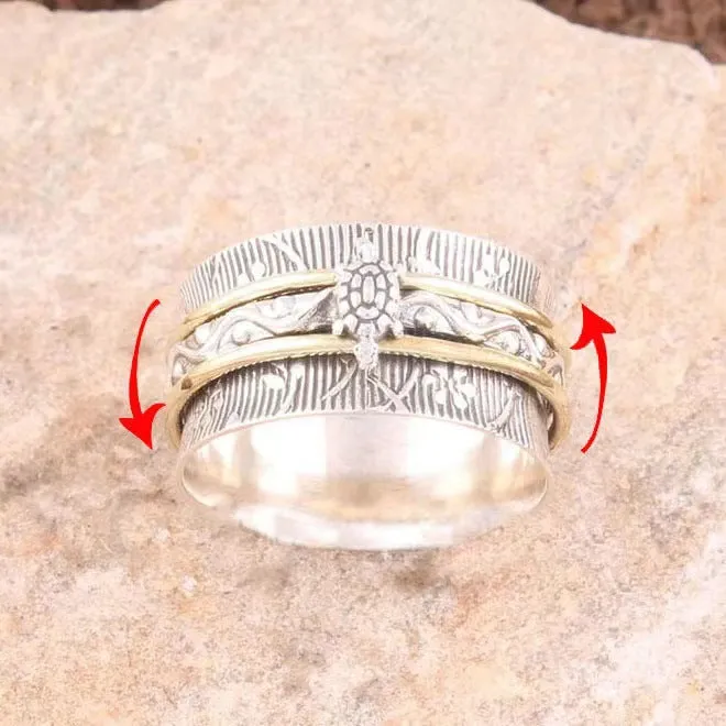 Loookus - Retro Plated Two Color Rotating Turtle Stripe Ring