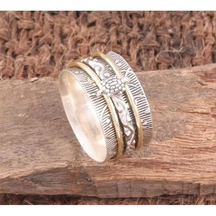 Loookus - Retro Plated Two Color Rotating Turtle Stripe Ring