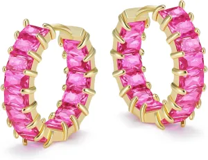 Lourny Crystal Hoop Earrings for Women, 18K Gold Plated Chunky CZ Hypoallergenic Trendy Lightweight Earring Multcolors Jewelry Gifts for Women