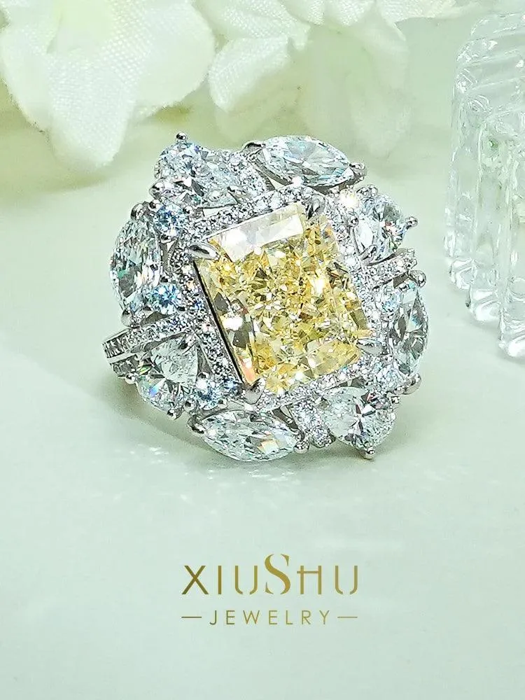 Luxury Yellow Lab Created Gemstone Ring Inlaid with High Quality AAAAA High Carbon Diamonds Versatile Design Jewellery