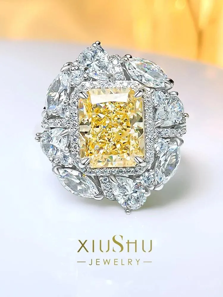 Luxury Yellow Lab Created Gemstone Ring Inlaid with High Quality AAAAA High Carbon Diamonds Versatile Design Jewellery