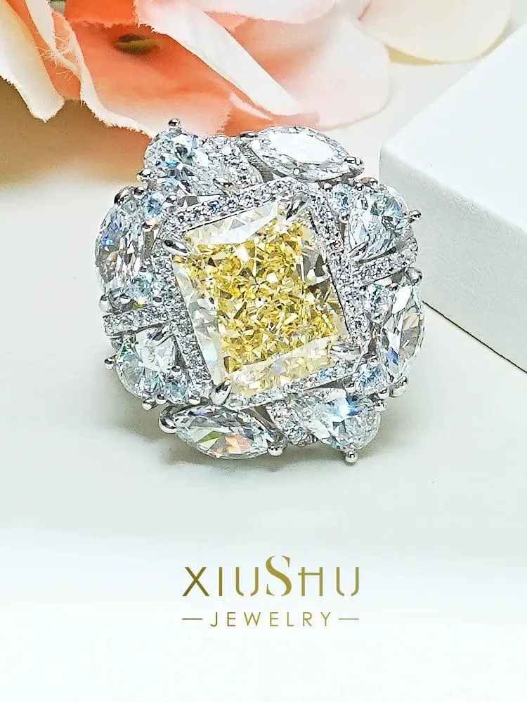Luxury Yellow Lab Created Gemstone Ring Inlaid with High Quality AAAAA High Carbon Diamonds Versatile Design Jewellery