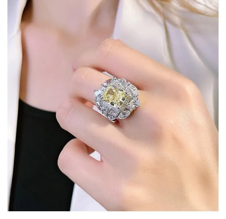 Luxury Yellow Lab Created Gemstone Ring Inlaid with High Quality AAAAA High Carbon Diamonds Versatile Design Jewellery