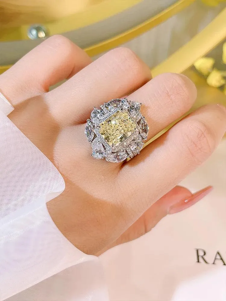 Luxury Yellow Lab Created Gemstone Ring Inlaid with High Quality AAAAA High Carbon Diamonds Versatile Design Jewellery
