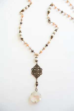 Marie Antique Chandelier Pendant Necklace | Vintage Burnished Bronze Filigree and Crystal Drop Pendant | Burnished Bronze Chain with Warm Blush Beads | Long Antique Royal Necklace