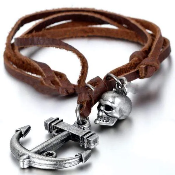 Mens Skull Anchor Vintage Brown Leather Pendant Necklace