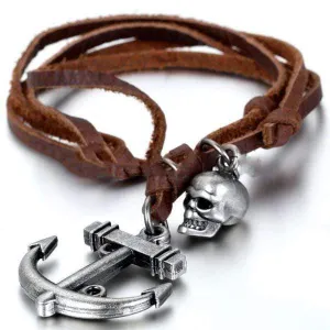 Mens Skull Anchor Vintage Brown Leather Pendant Necklace
