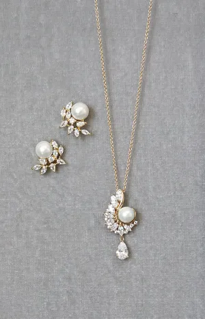 MIRABEL Gold Simulated Diamond and Pearl Drop Necklace and Earrings Set