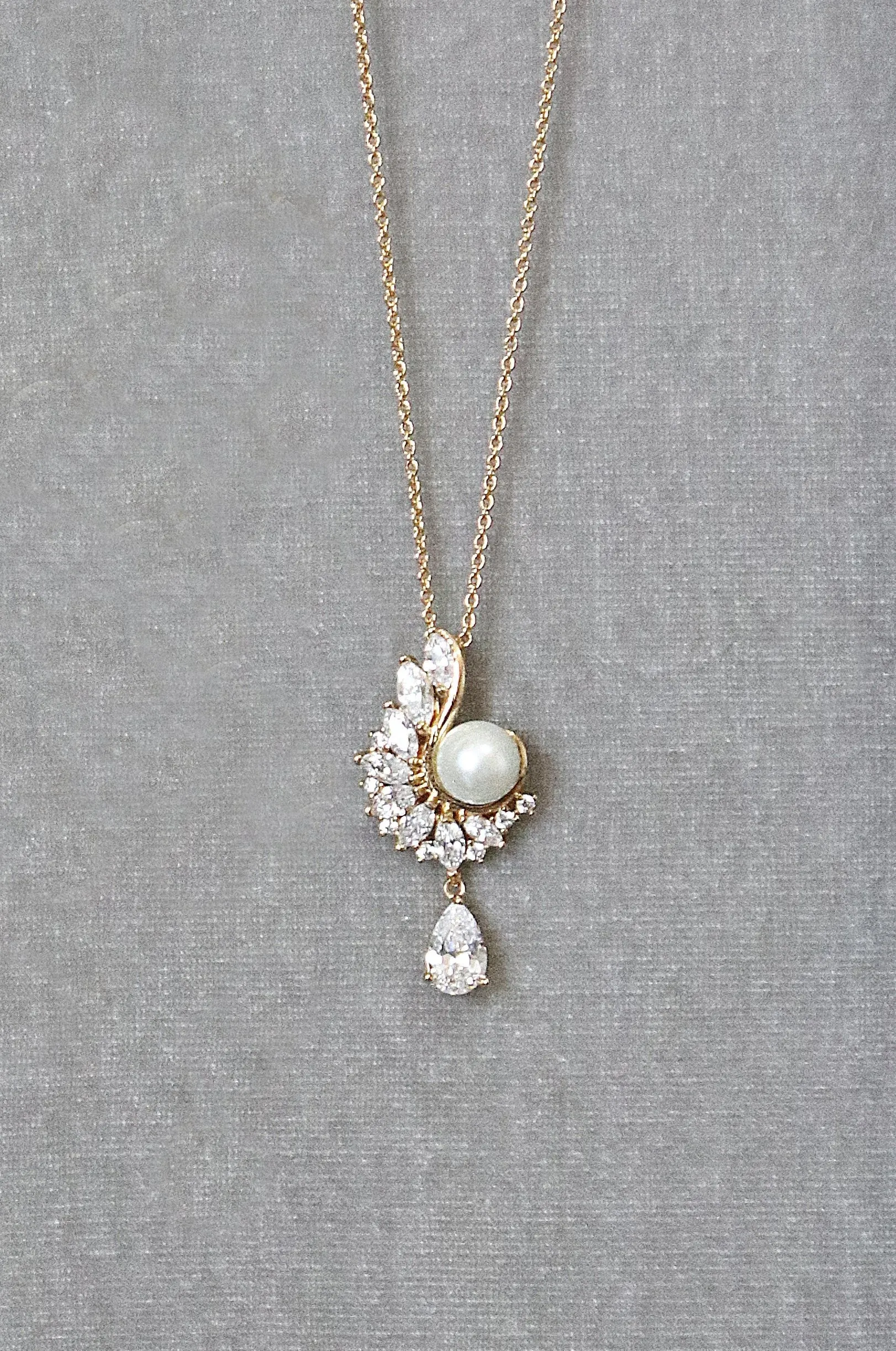MIRABEL Gold Simulated Diamond and Pearl Drop Necklace and Earrings Set