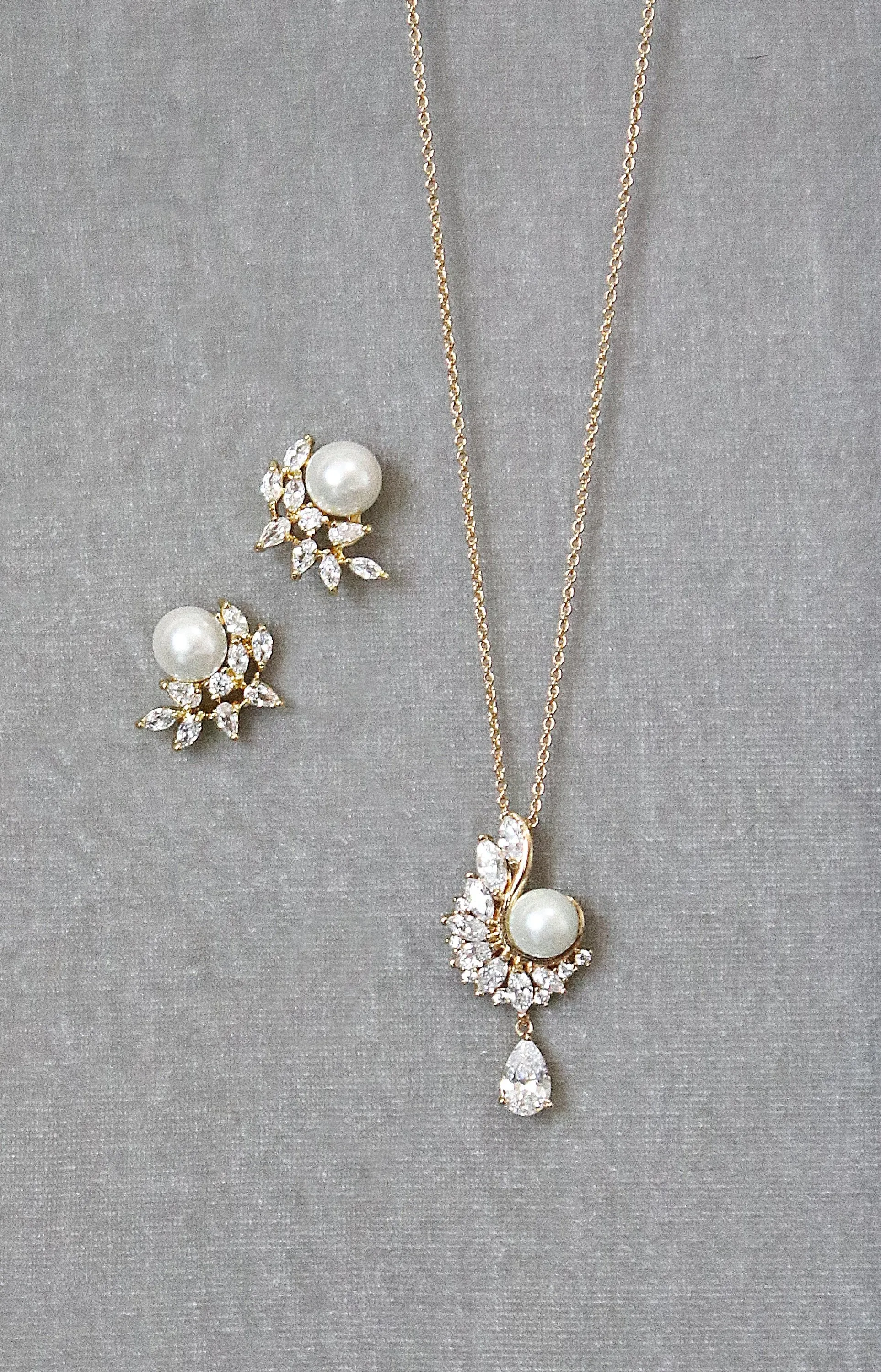 MIRABEL Gold Simulated Diamond and Pearl Drop Necklace and Earrings Set