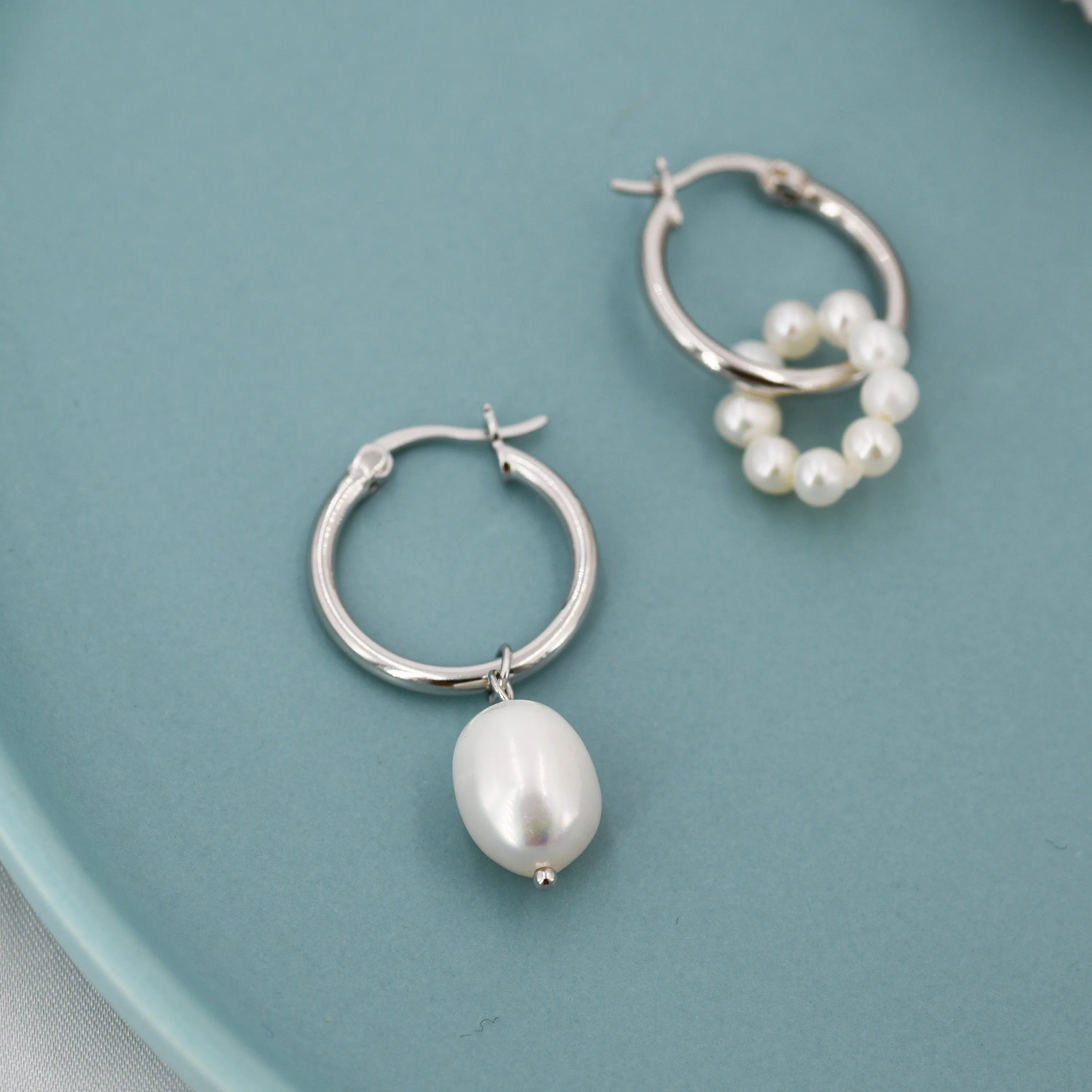 Mismatched Detachable Pearl Dangle Hoop Earrings in Sterling Silver, Silver or Gold, 14mm Hoops, Simple Hoop Earrings