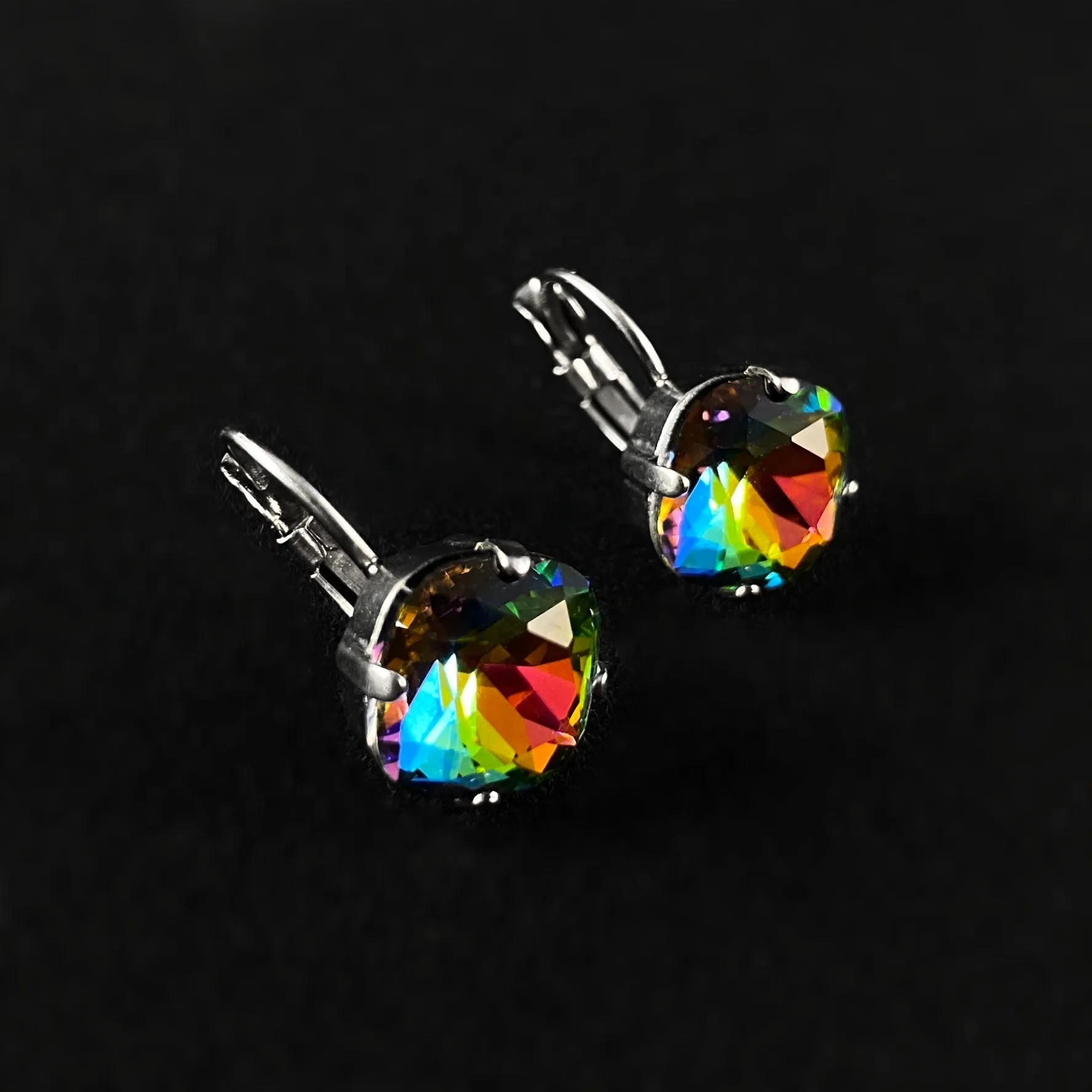 Multi Colored Cushion Cut Crystal Earrings with Antique Silver Finish and Lever-back Closure, Vibrant- Sorrelli