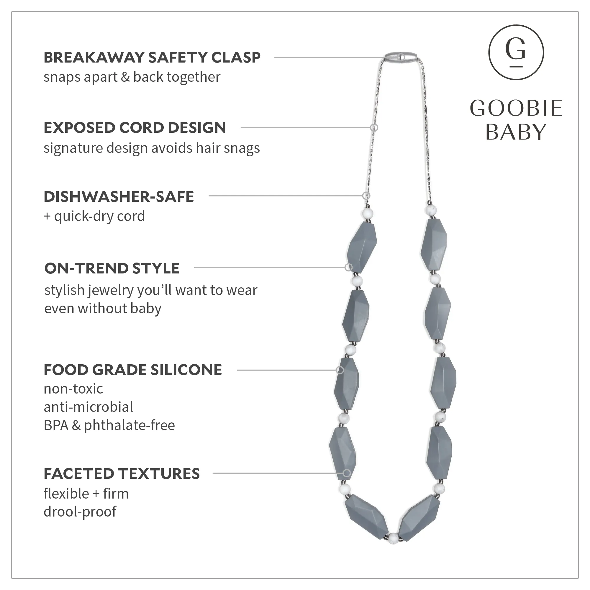 Naomi Teething Necklace - Grey/Marble