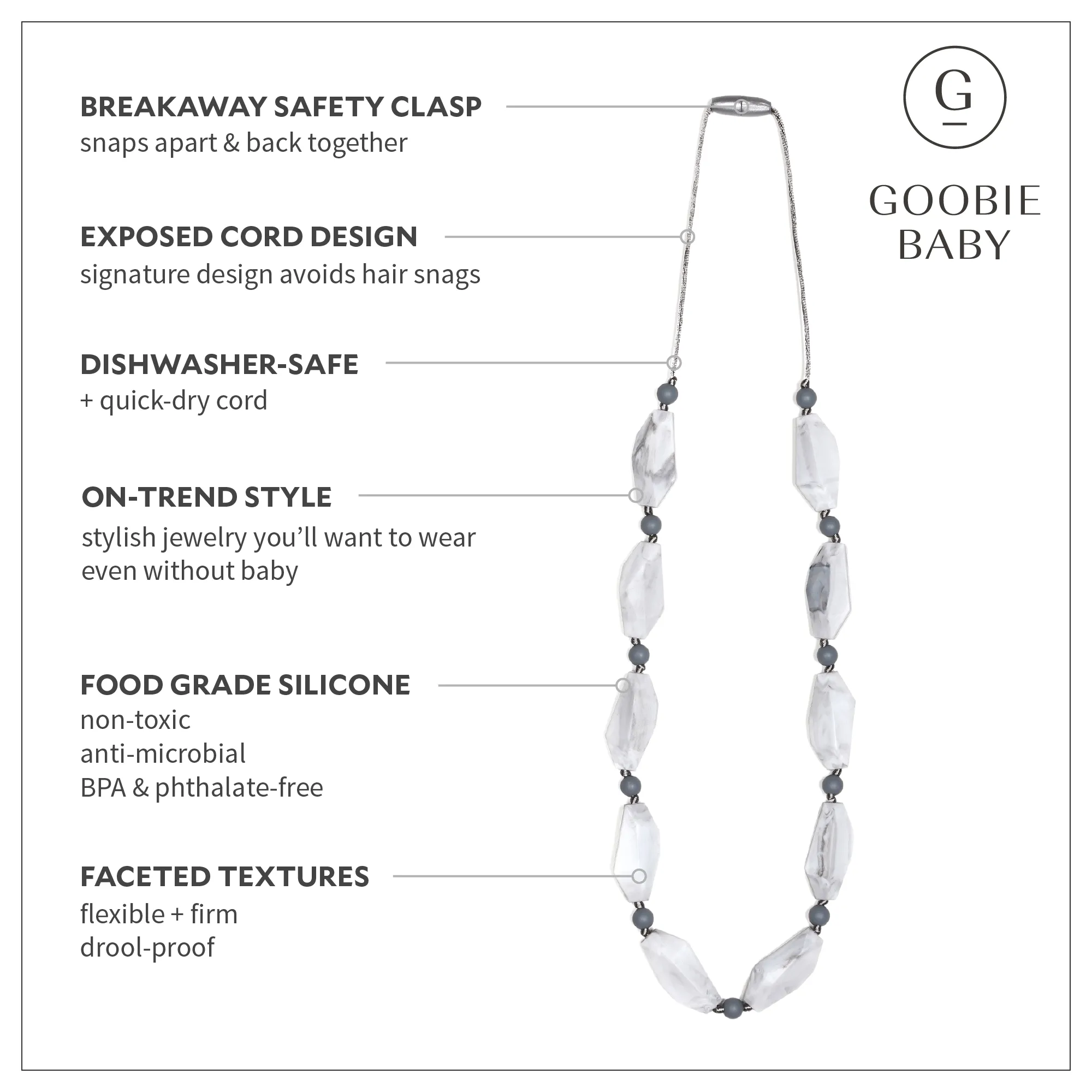 Naomi Teething Necklace - Marble/Grey