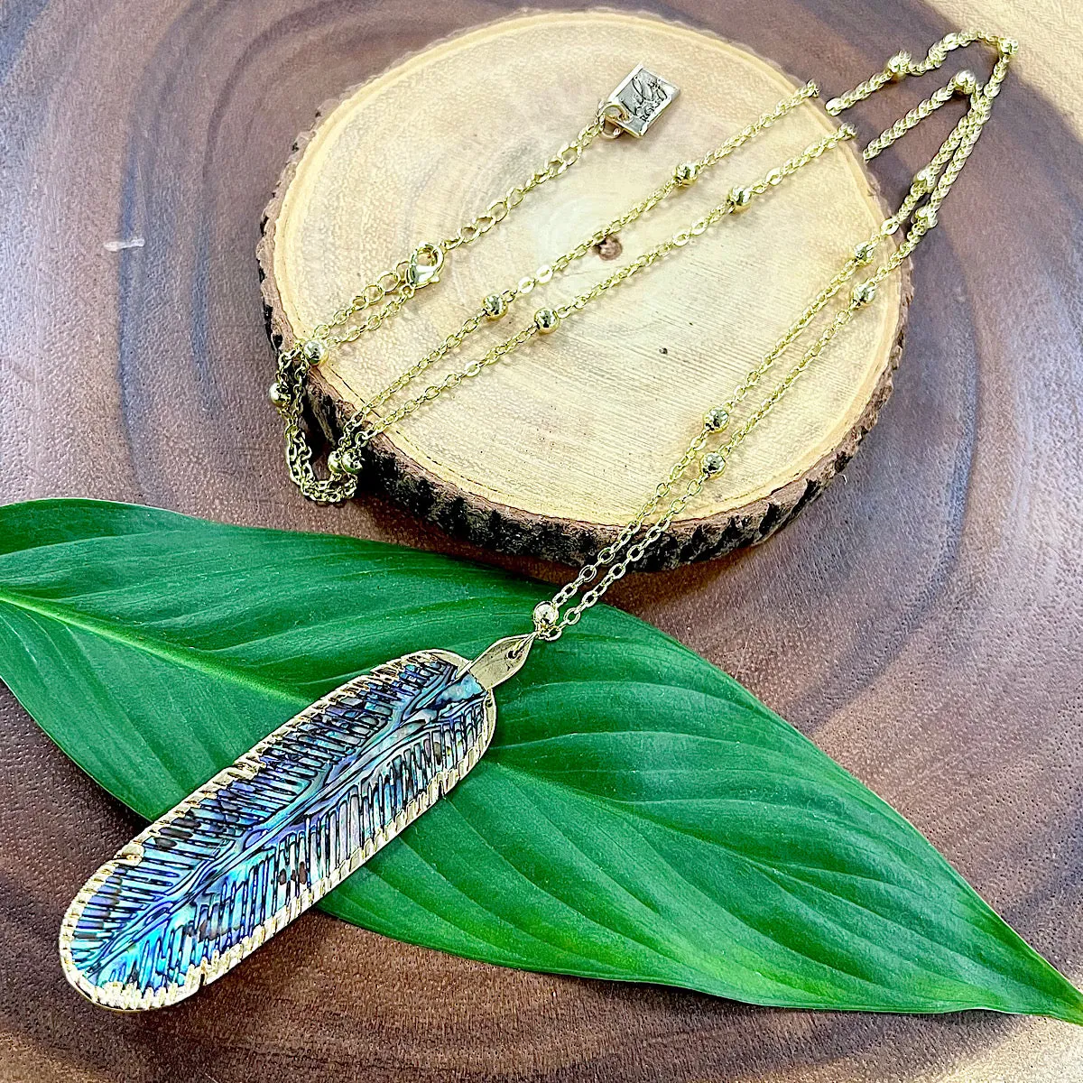 Natural Luxury Abalone Carved Feather XL Pendant 30” Gold Necklace