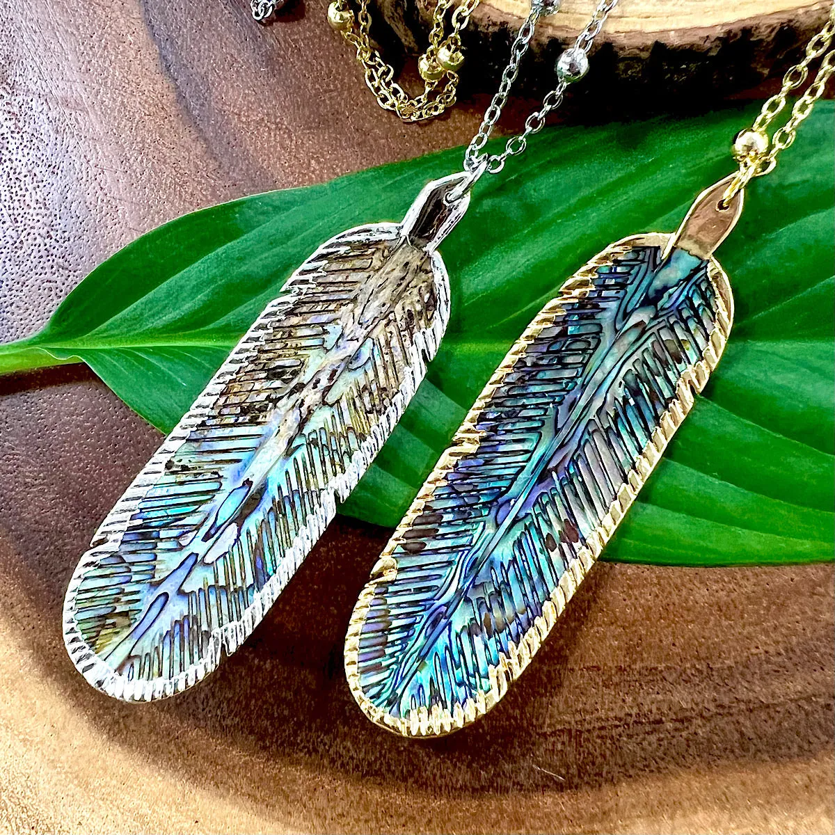 Natural Luxury Abalone Carved Feather XL Pendant 30” Gold Necklace