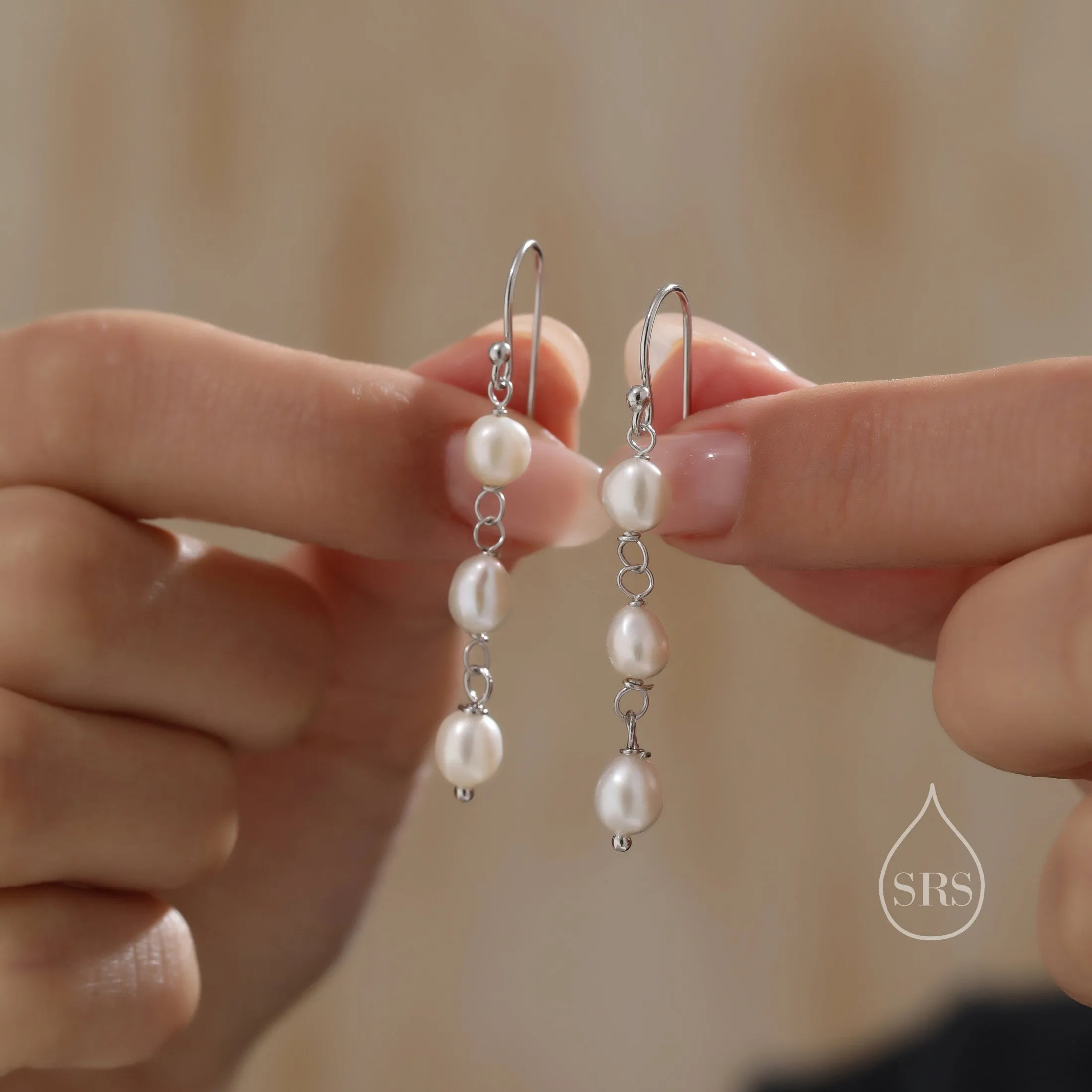 Natural Pearl Trio Drop Hook Earrings in Sterling Silver, Silver or Gold, Irregular Shape Pearl Drop Earrings, Natural Freshwater Pearls