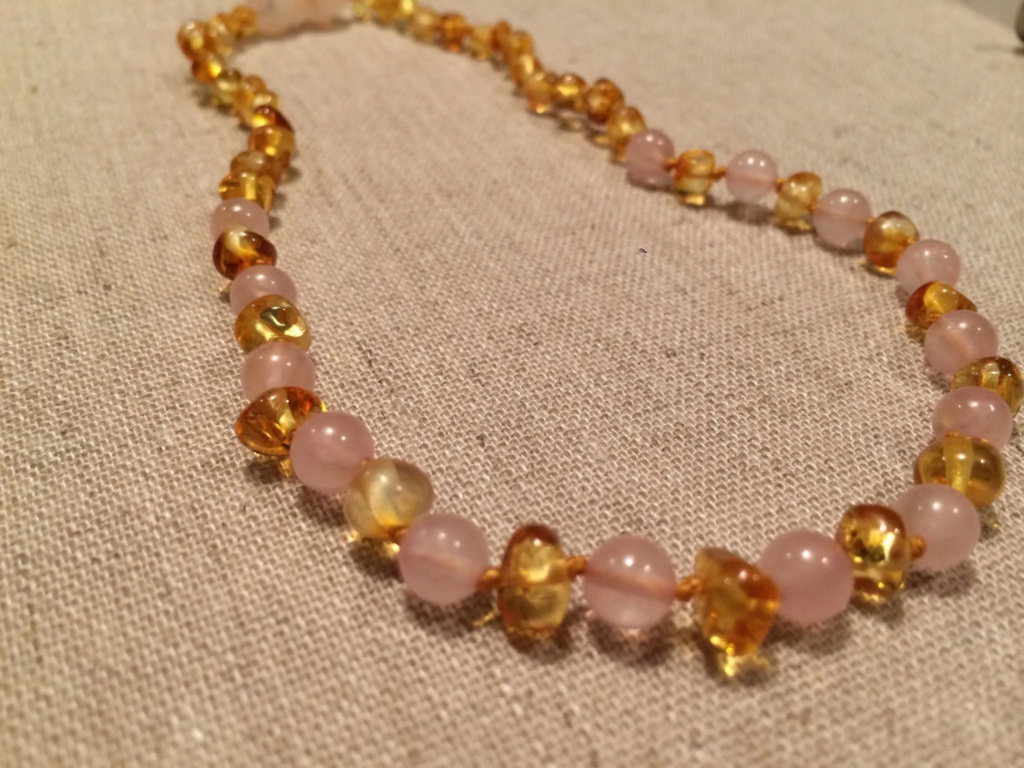 Necklace SET Baltic Amber polished lemon Pink Rose Quartz 17-18 and 11 inch