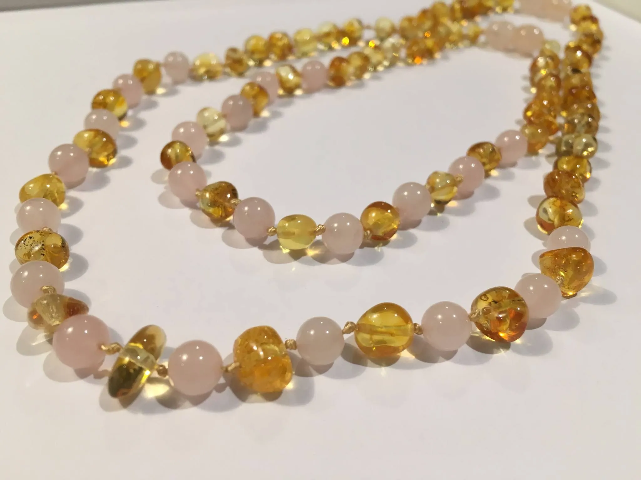 Necklace SET Baltic Amber polished lemon Pink Rose Quartz 17-18 and 11 inch