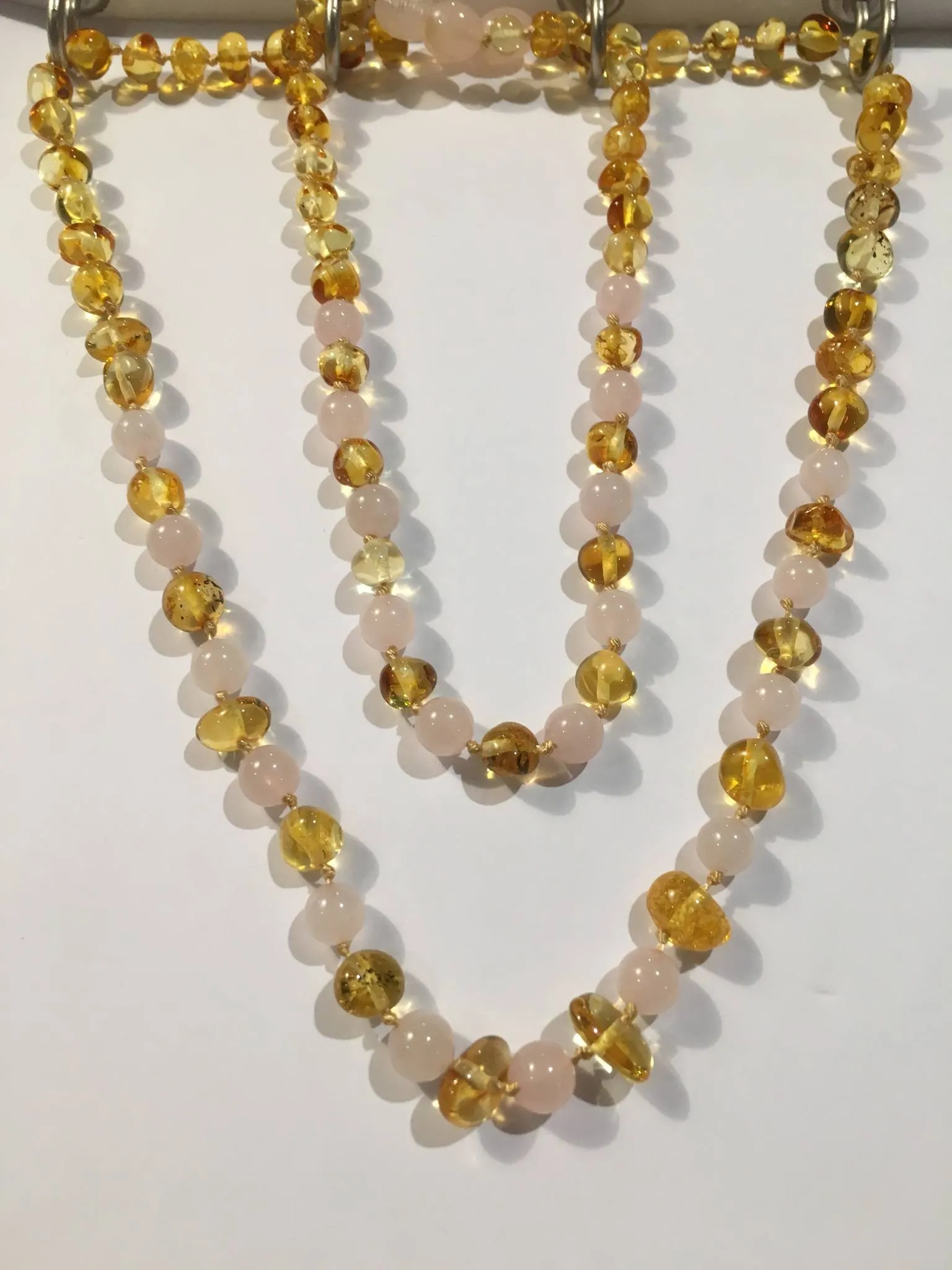 Necklace SET Baltic Amber polished lemon Pink Rose Quartz 17-18 and 11 inch