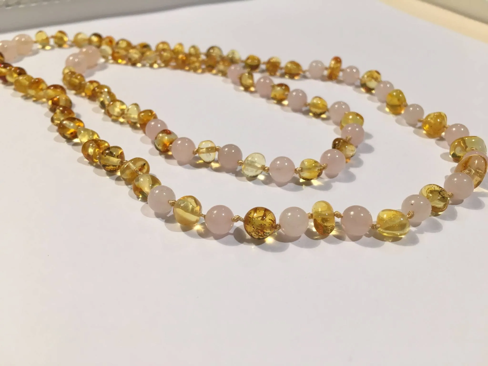 Necklace SET Baltic Amber polished lemon Pink Rose Quartz 17-18 and 11 inch
