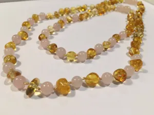Necklace SET Baltic Amber polished lemon Pink Rose Quartz 17-18 and 11 inch