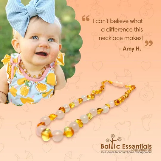 Necklace SET Baltic Amber polished lemon Pink Rose Quartz 17-18 and 11 inch
