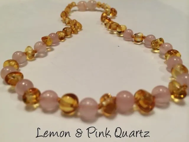 Necklace SET Baltic Amber polished lemon Pink Rose Quartz 17-18 and 11 inch