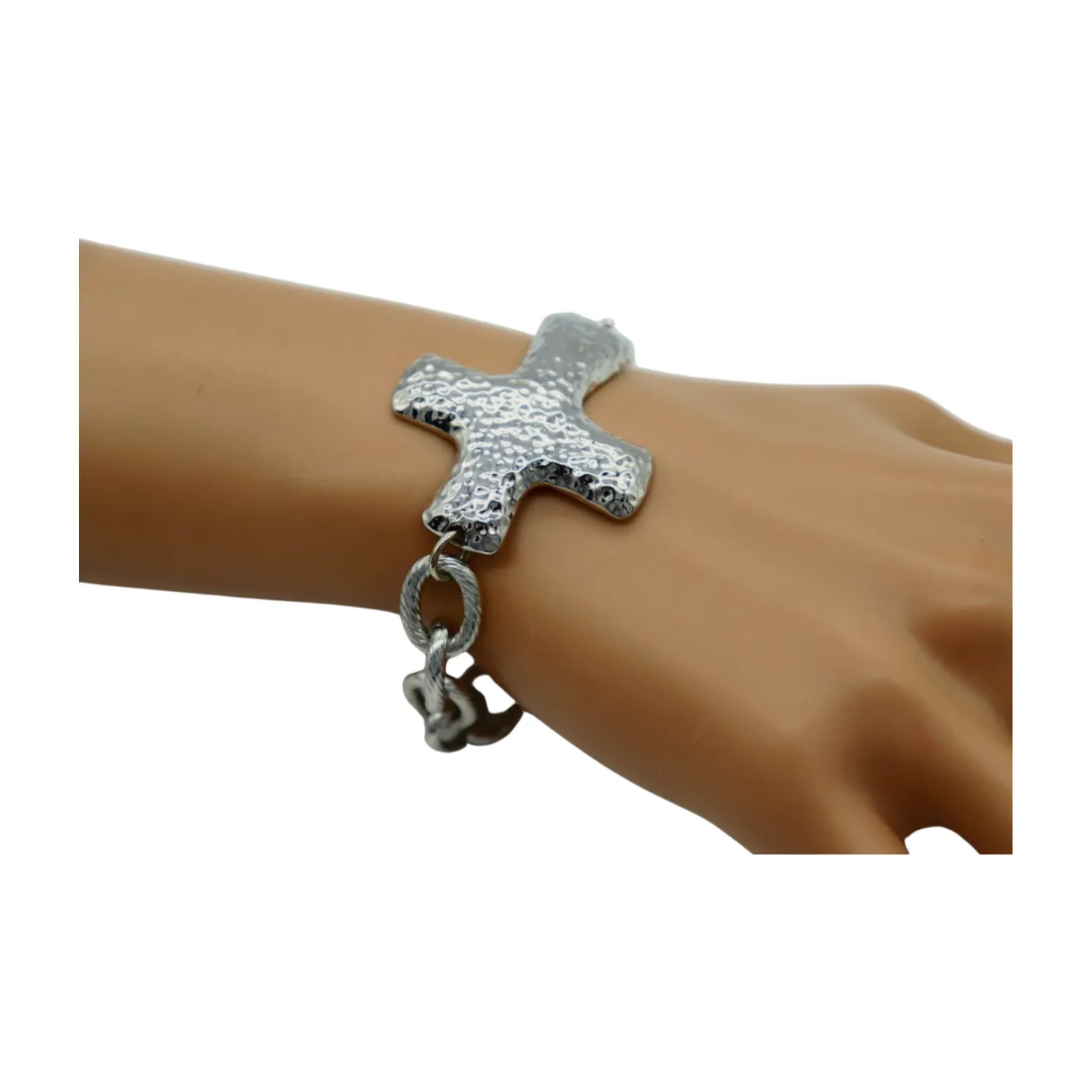 New Women Silver Metal Chain Link Wrist Bracelet Hammered Cross Charm Weekend Look