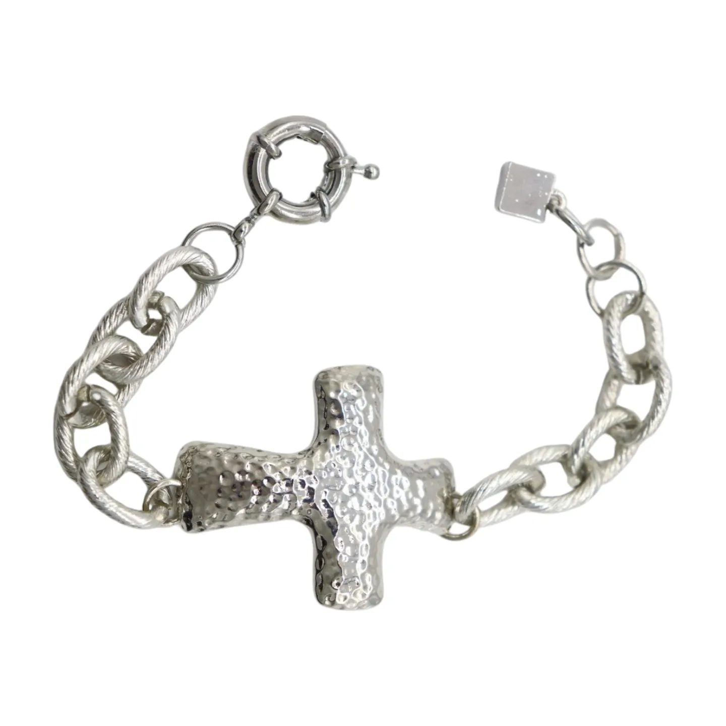 New Women Silver Metal Chain Link Wrist Bracelet Hammered Cross Charm Weekend Look