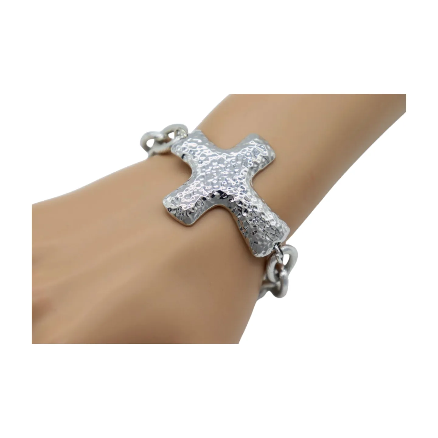 New Women Silver Metal Chain Link Wrist Bracelet Hammered Cross Charm Weekend Look
