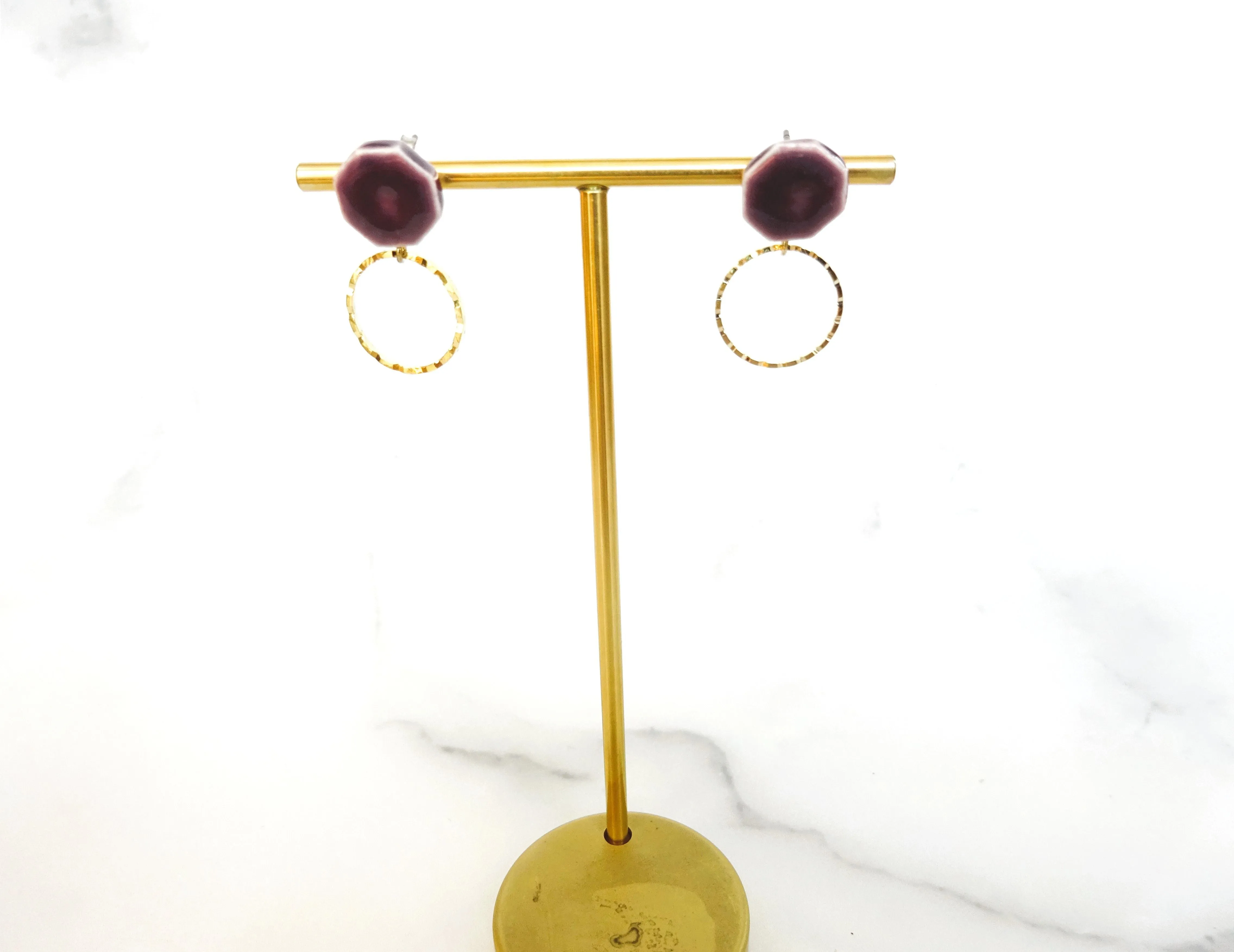 Octagonal and Gold Ring Ceramic Pierced Earrings / Clip-on Earrings Purple