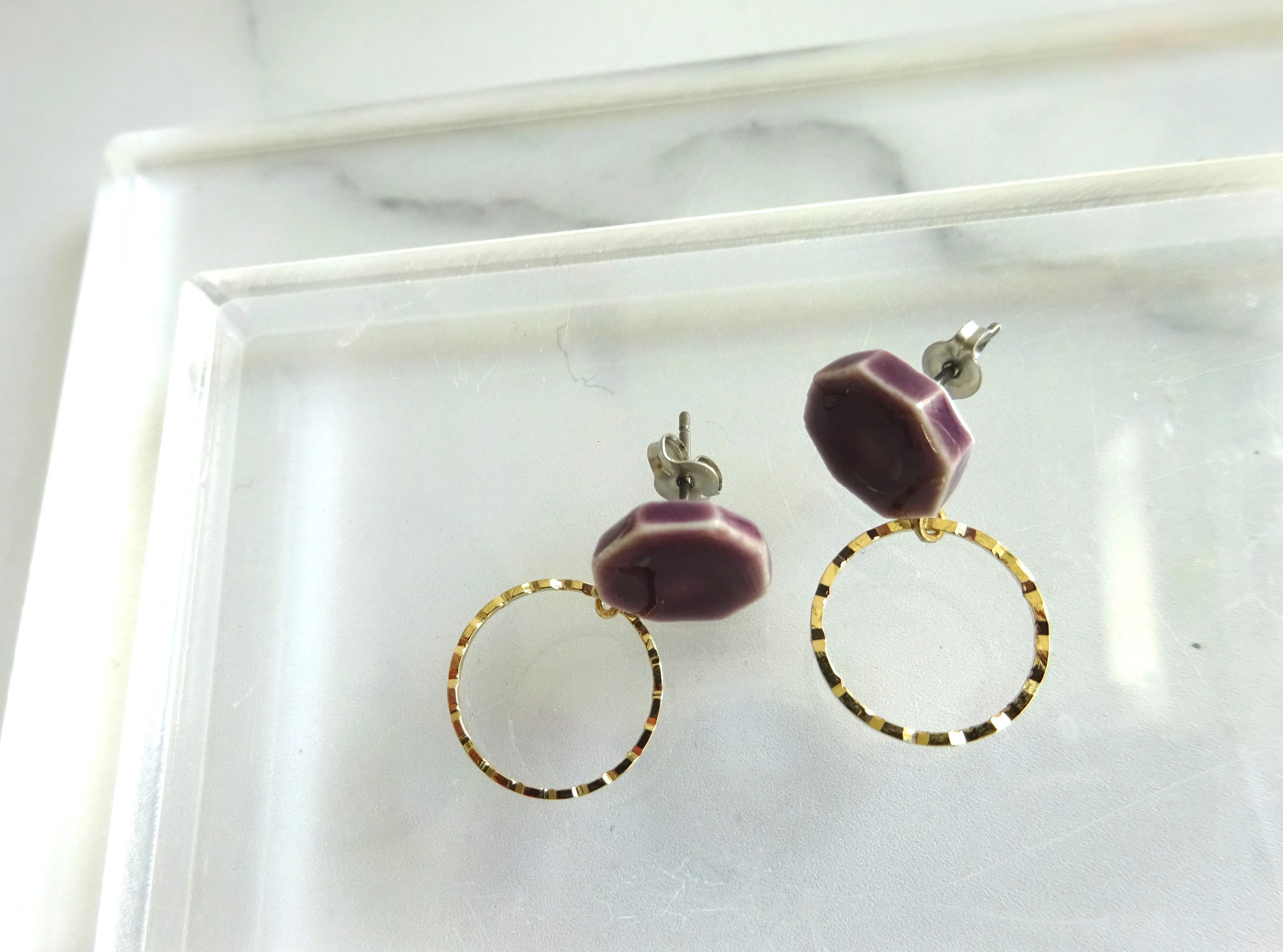 Octagonal and Gold Ring Ceramic Pierced Earrings / Clip-on Earrings Purple