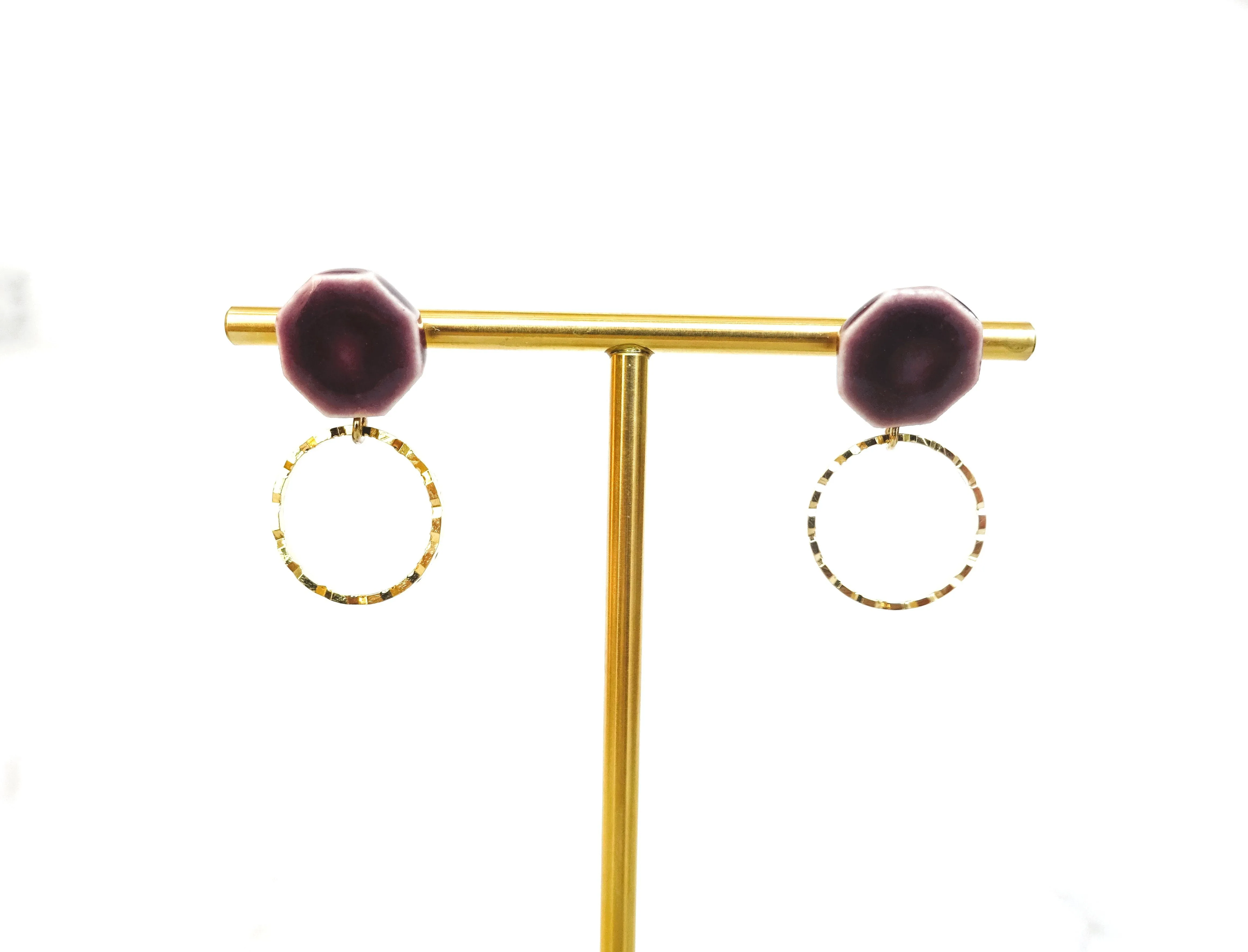 Octagonal and Gold Ring Ceramic Pierced Earrings / Clip-on Earrings Purple