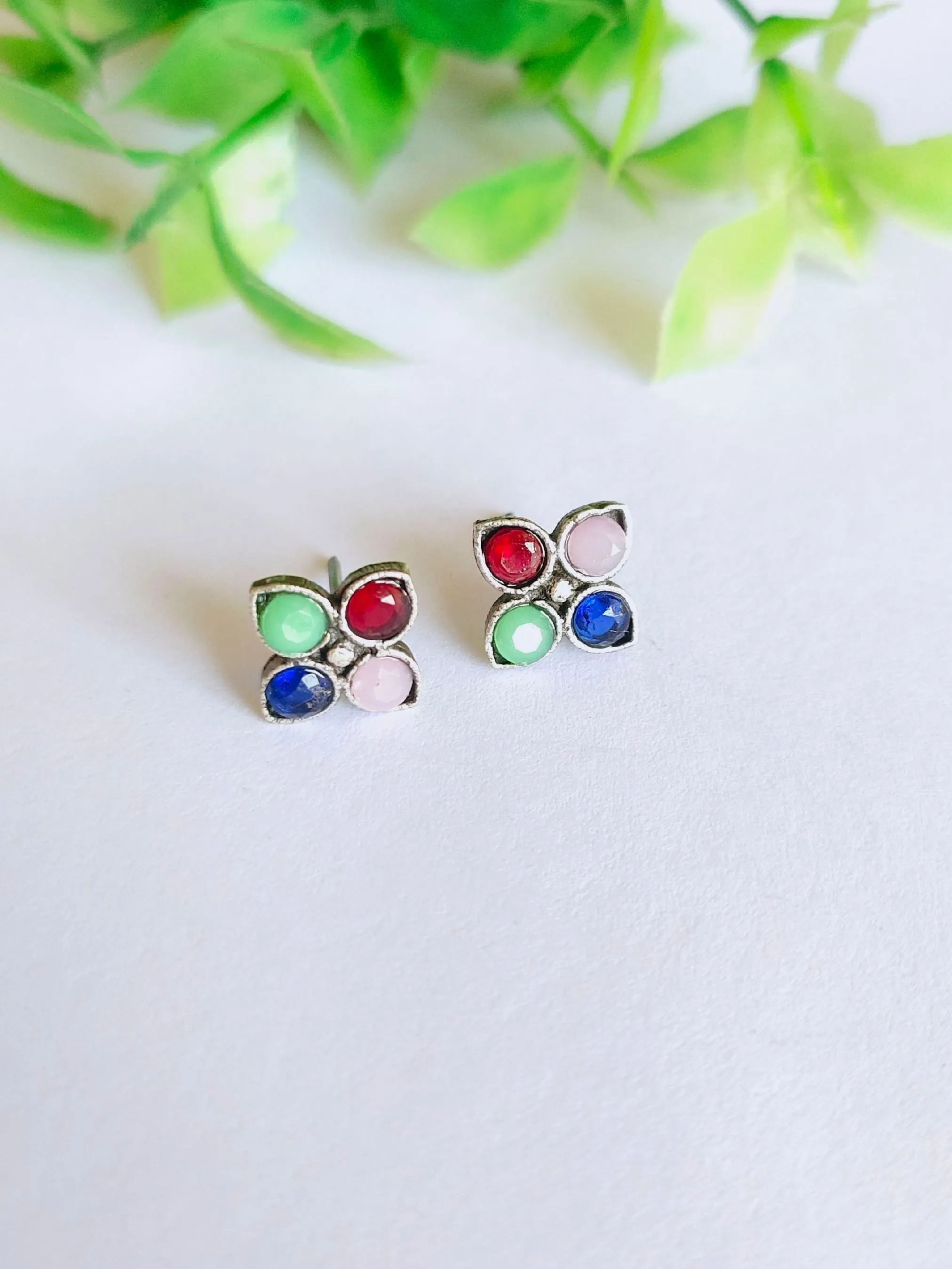 Oxidised Colorful Stone Studs for Daily & Office Wear | Sarichka