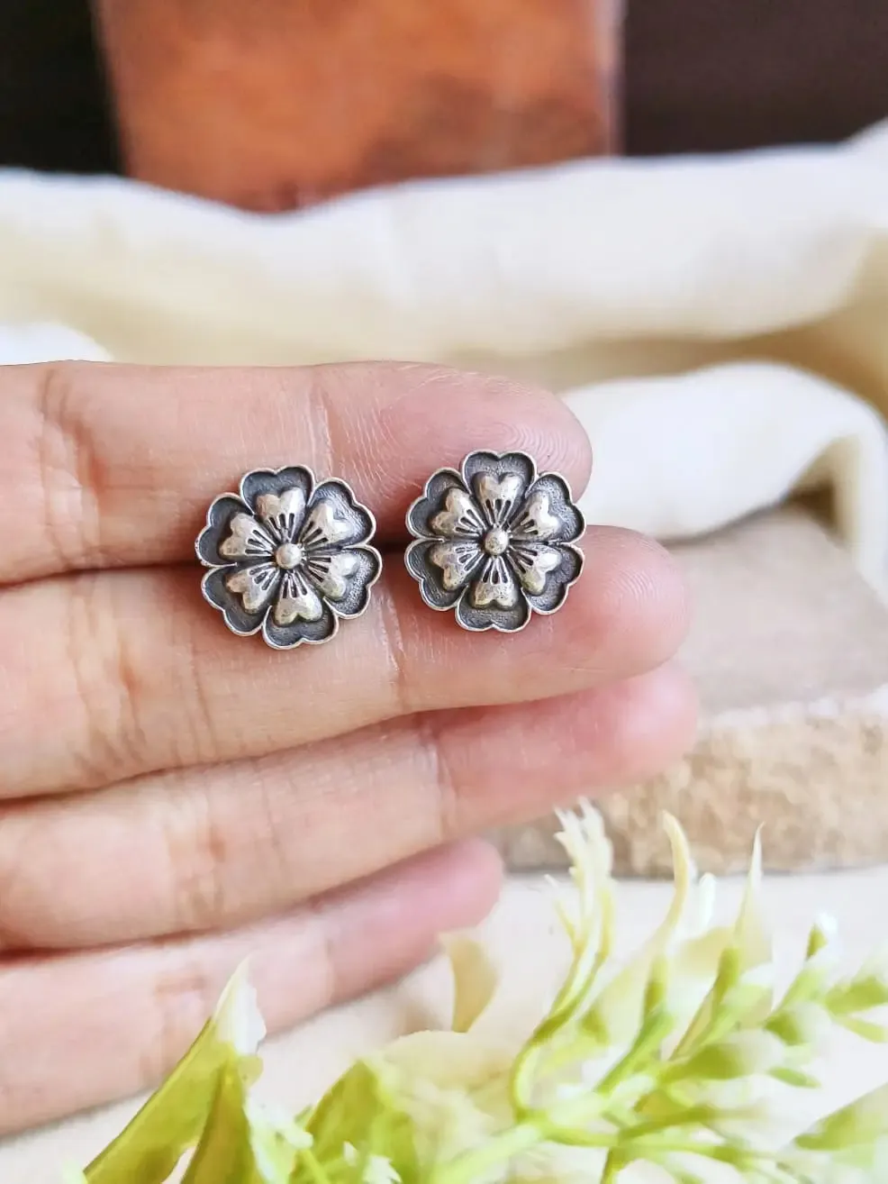 Oxidised Silver Floral Stud Earrings for Elegant, Everyday Charm | Sarichka