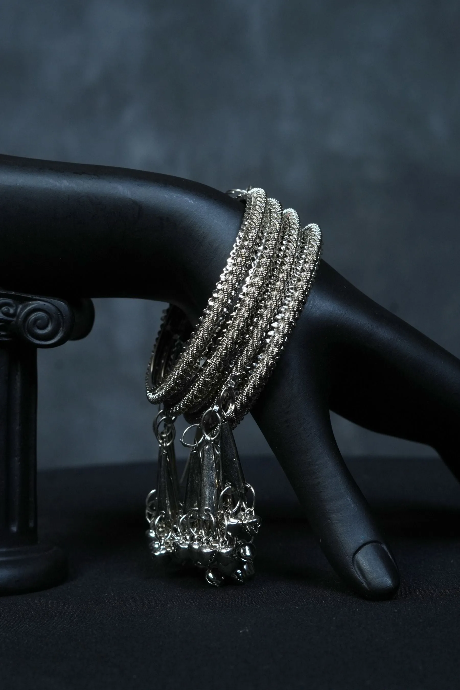 Oxidized White Metal Bangles with Hangings - Set of 2 | JCS Fashions