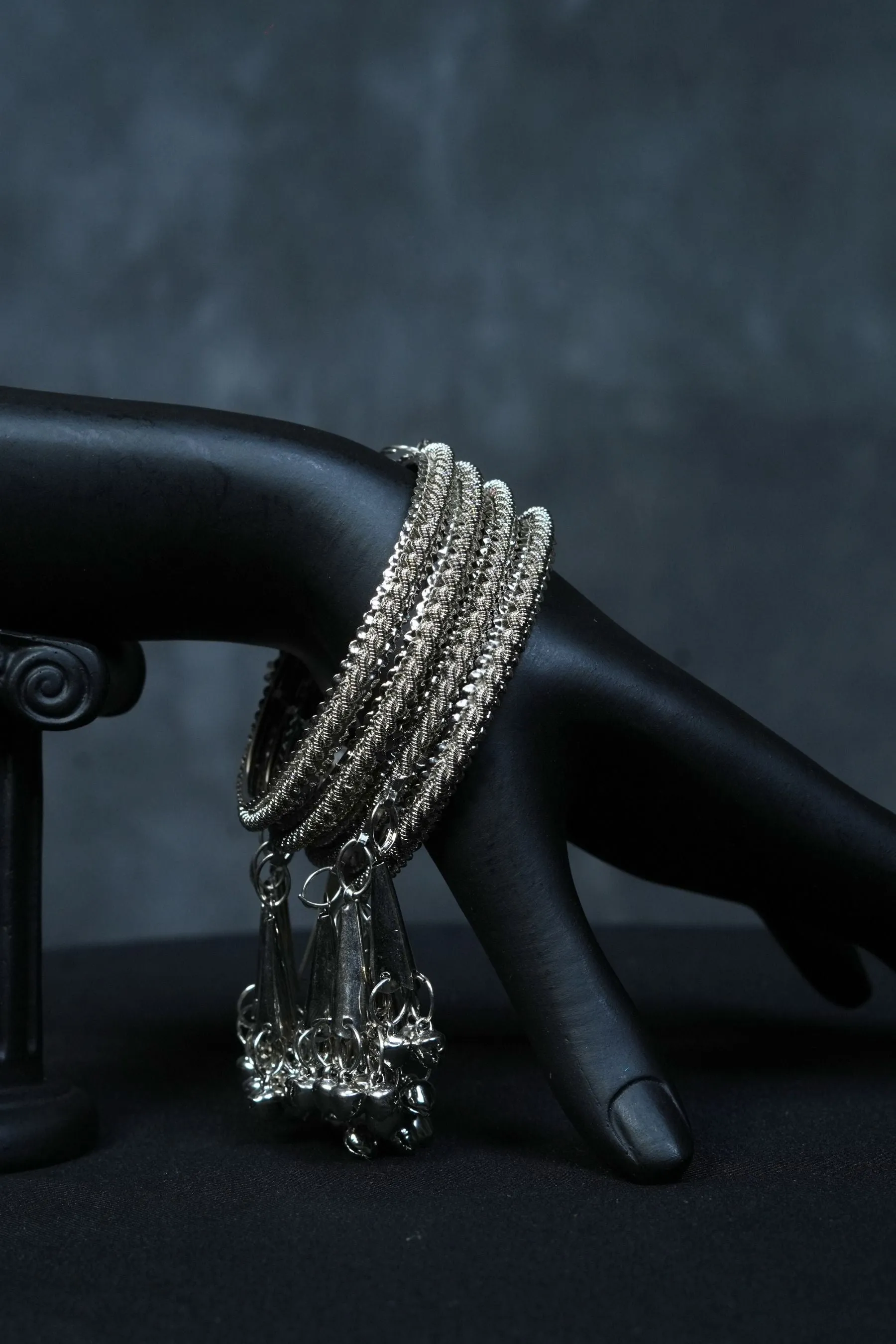 Oxidized White Metal Bangles with Hangings - Set of 2 | JCS Fashions