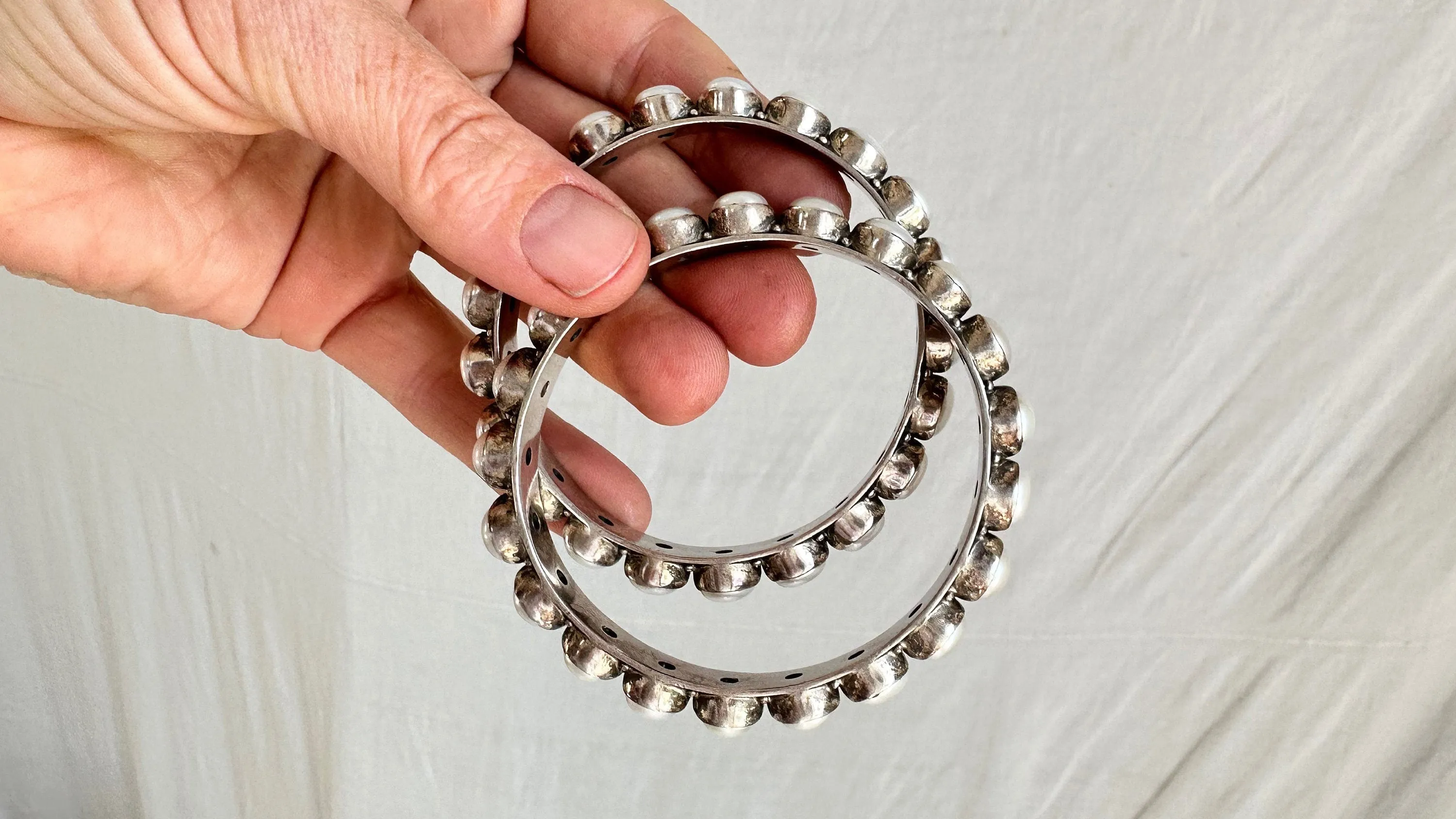 PAIR of Pearl & Sterling Silver Bangles. India. 1038