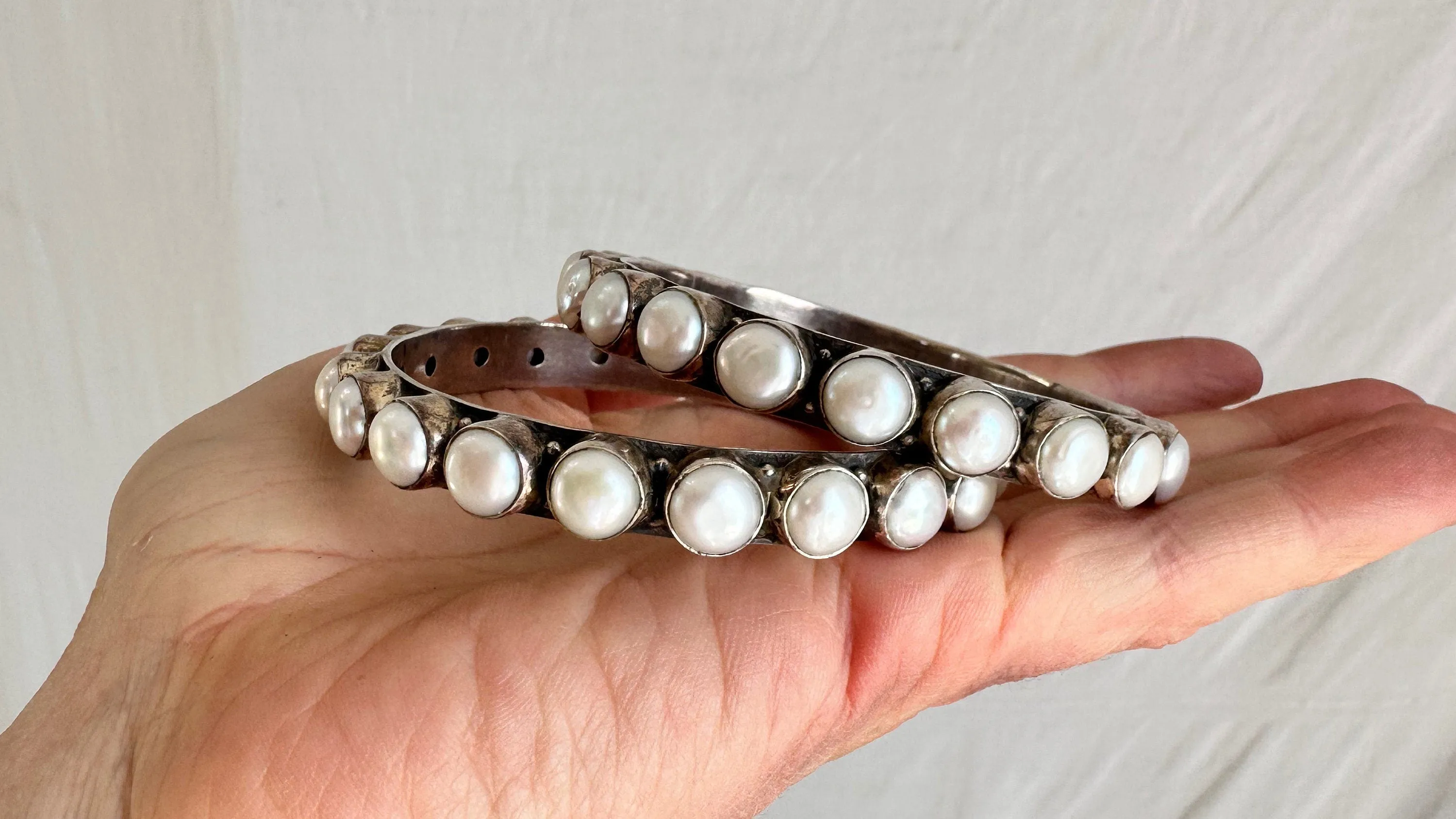 PAIR of Pearl & Sterling Silver Bangles. India. 1038