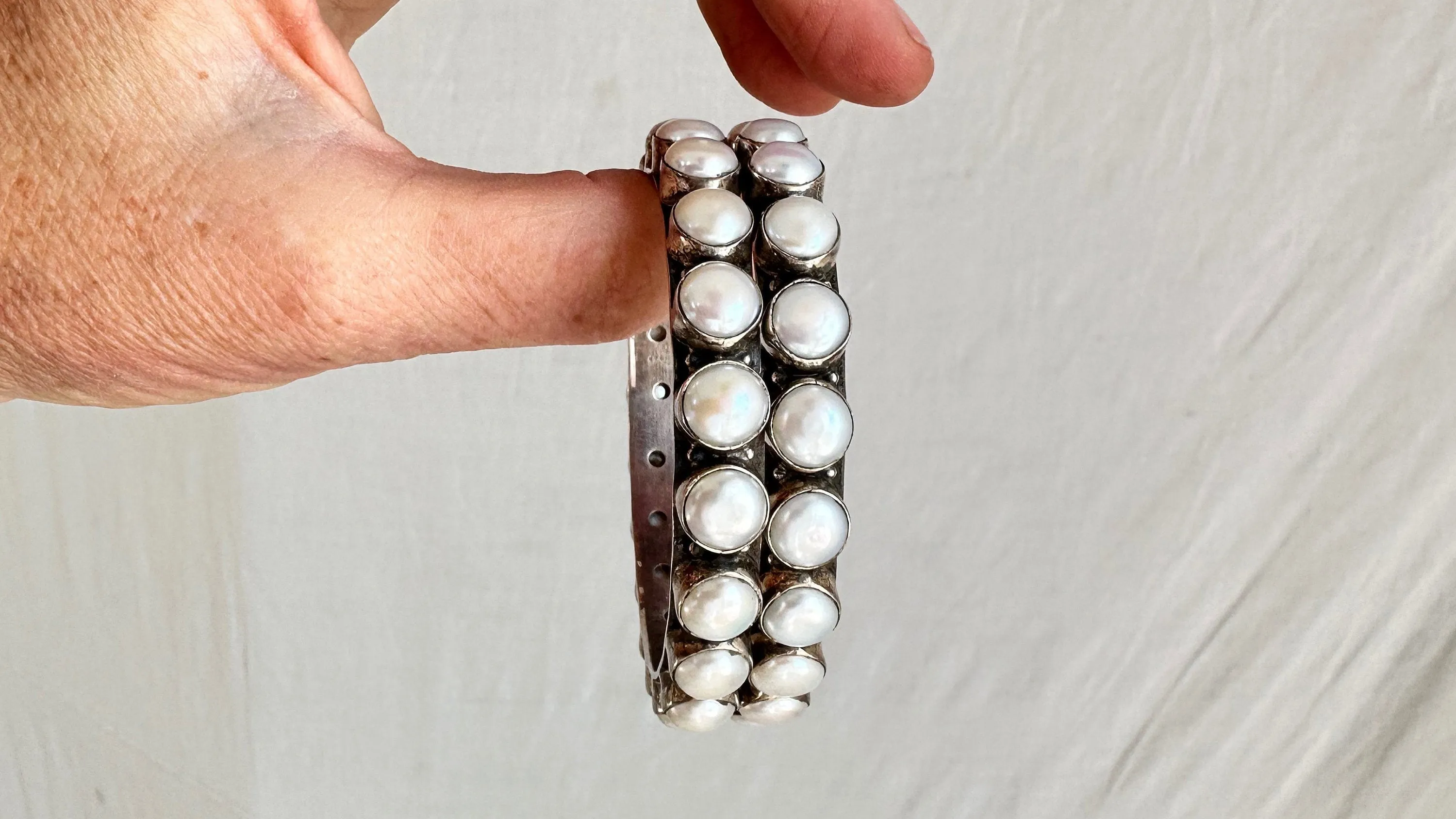 PAIR of Pearl & Sterling Silver Bangles. India. 1038