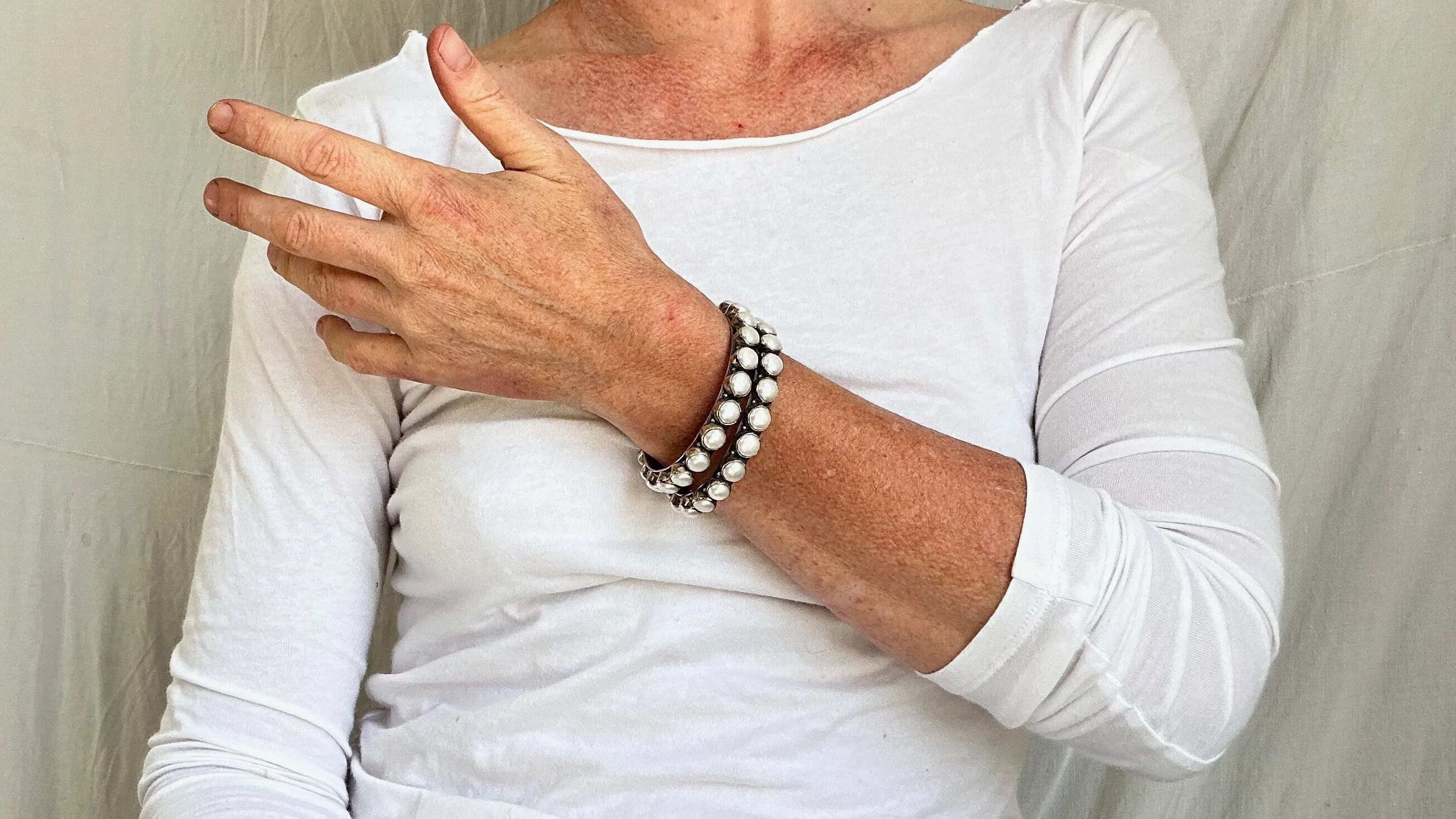PAIR of Pearl & Sterling Silver Bangles. India. 1038
